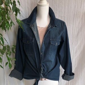 FIORE & ENCREME L blue denim shirt & boat neck 3/4 sleeve striped crop top NWT